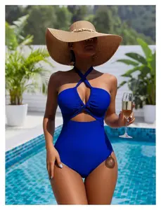 Royal Blue Monokini Swimsuit - Women's Halter One Piece Bathing Suit Cutout Design, Slimming Swimwear for Beach, Pool, Vacation, Comfortable & Stylish  KA-P48-08