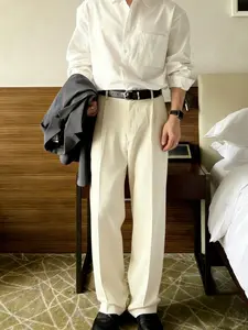 Men's Loose Straight Leg Casual Pleated Suit Pants, Casual Work Pants, Polyurethane Fiber Spandex Fabric, Heavyweight 3D Fit, All Season Wear