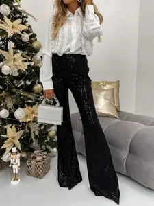 High-Waisted Striped Sequin Flare Leg Pants, Slim-Fitting, Elastic Waist, Long Regular Fit, Perfect for Party, New Year Eve, Casual Occasions, Chic