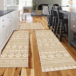 American Vintage Light Geometric Pattern 3-Piece Kitchen Rug Set, Boho Runner Rug, Easy Clean Bathroom Laundry Room Mat, Precision Bound Edges