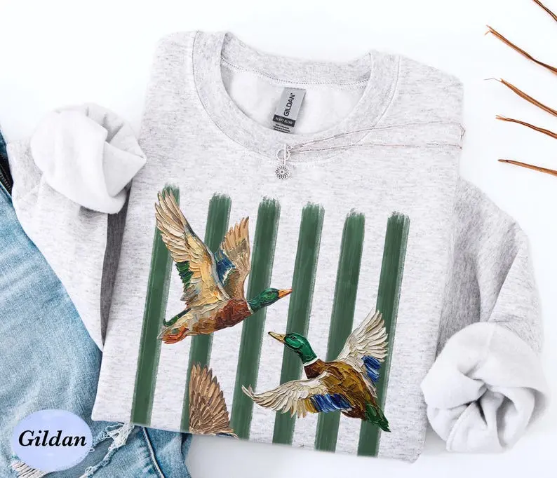Mallard Ducks Sweatshirt, Whimsical Painterly Ducks Nature Lover Crewneck, Vintage Fall Hunting Shirt, Hunting Wife Gift