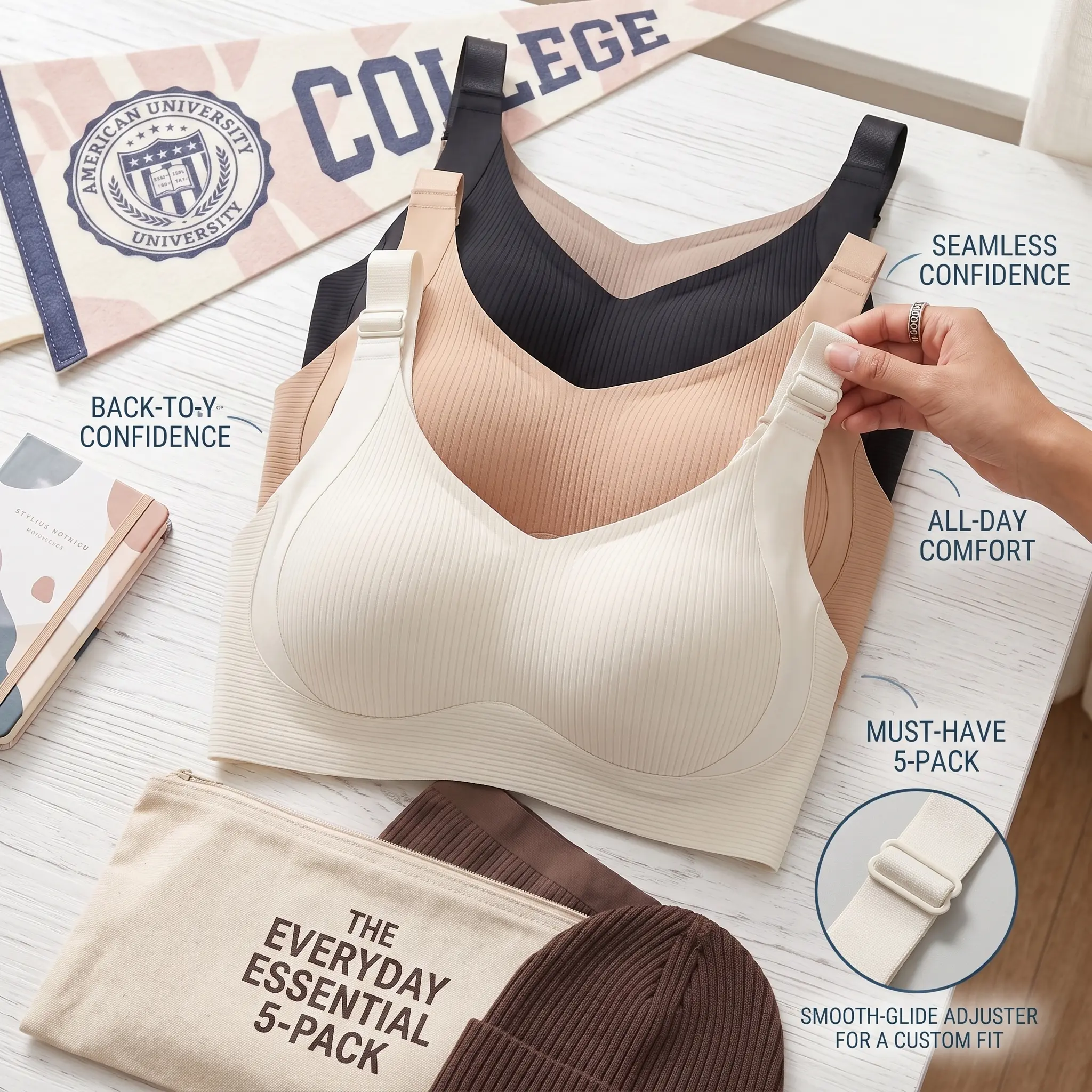 Women's 5-Pack Ribbed Seamless Wireless Bras - Thick-Strap, Everyday Support Lounge Bralettes for College Students, Gym (M-2XL)