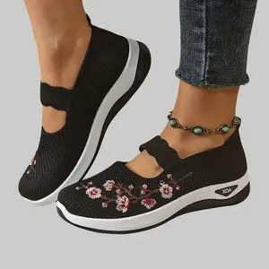 Women's Floral Embroidered Breathable Knit Mary Jane Shoes Non-Slip Comfortable Walking Shoes for Elderly & Daily Wear