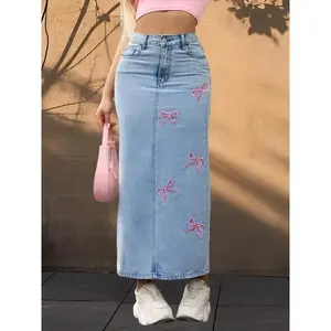 y2k Jeans Skirts Women Bow Embroidery Split Denim Long Skirt for Club Streetwear