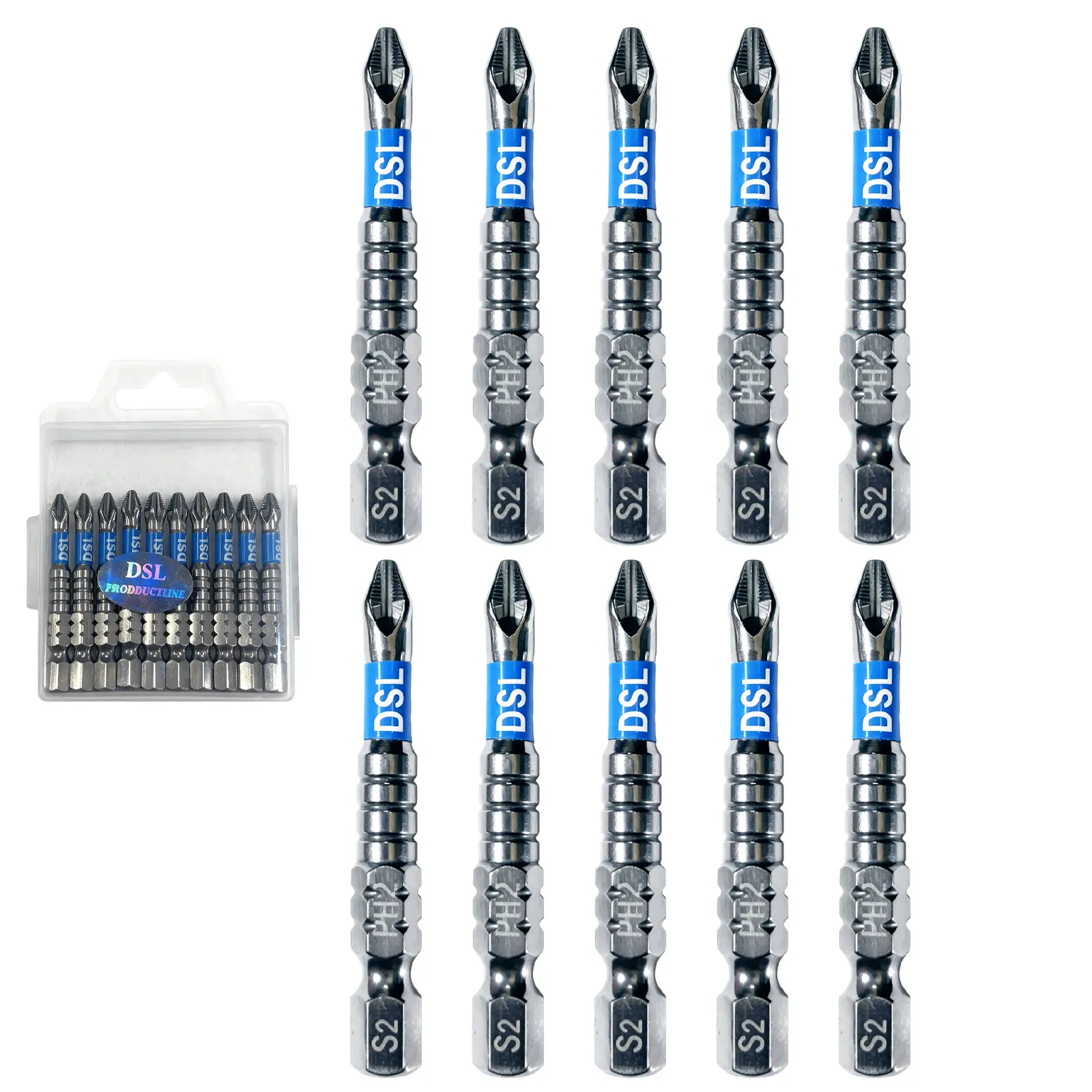 TOOLAZO S2 Steel PH2 Magnetic Driver Bit Set (10-Pack) - 1.97" Impact Bits, 1/4" Hex Shank, Anti-Slip Tip, Shock Zone, Heavy Duty with Case, for Power Drills, Home Repair & DIY Contractors