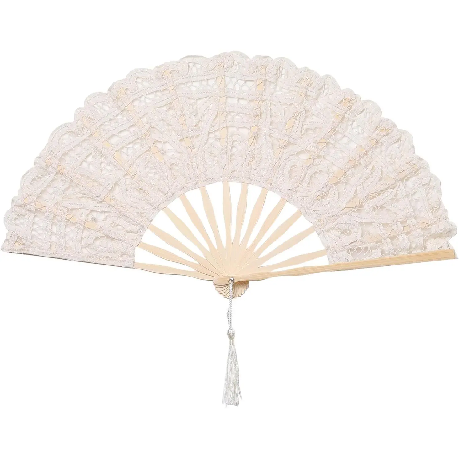 Cotton Lace Folding Handheld Fan Embroidered Bridal Hand Fan with Bamboo Staves for Wedding Decoration Dancing