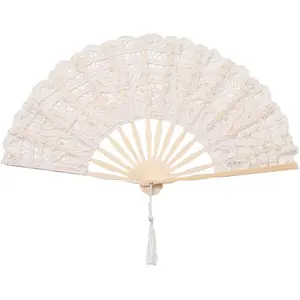 Cotton Lace Folding Handheld Fan Embroidered Bridal Hand Fan with Bamboo Staves for Wedding Decoration Dancing