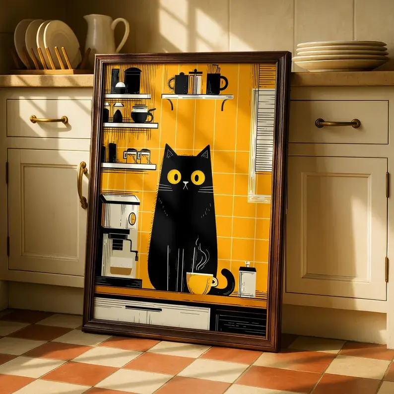 Black Cat Coffee Wall Art, Retro Coffee Bar Poster, Cute Cat Espresso Machine Illustration Print, Kitchen Cafe Wall Decor for Coffee Lovers