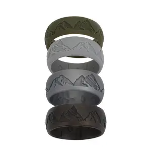 Men's Silicone Wedding Rings - 4-Pack Breathable Rubber Mountain Pattern Band for Gym Work Outdoor Activities Sports Christmas