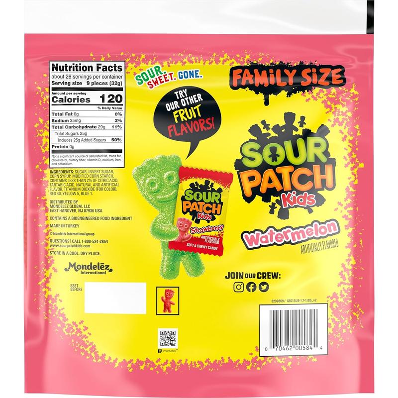 SOUR PATCH KIDS Watermelon Soft & Chewy Candy, Family Size, Bulk Candy, 1.8 lb