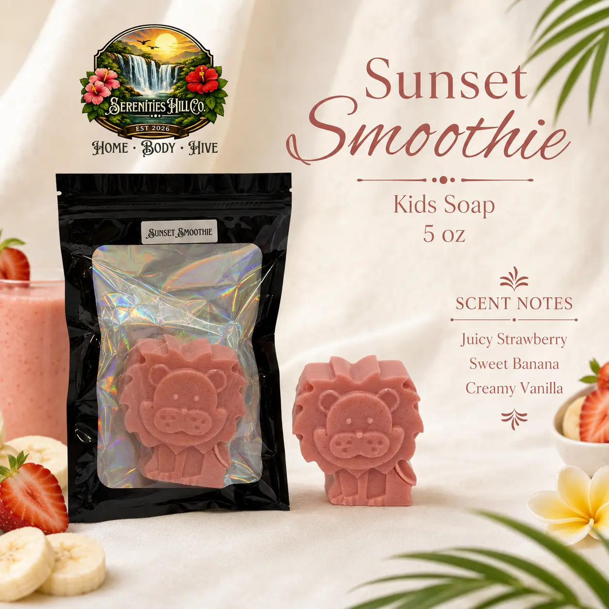 Kids Sunset Smoothie Lion Soap - Tropical Fruit, Sweet Berry & Vanilla Cream Scents - 5oz Bath & Body Care Cleanser