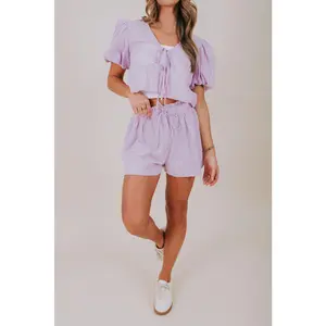 The Way To Happiness Set - Light Purple Blouse & Shorts with Floral Embroidery V-neck Open Front Tied Bow Closure Mini Length Elastic Waistband Fully Lined