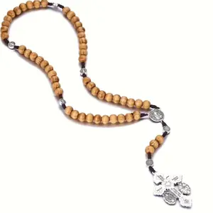 Benedictine Prayer Rosary Necklace with Natural Wood Beads Vintage Cross Y-Shape Religious Symbol Pendant for Prayer