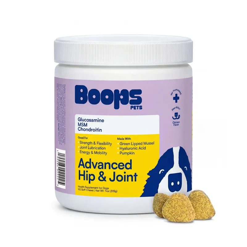Boops Pets Advanced Hip & Joint Soft Chews - 90 soft chews - Glucosamine, MSM, Chondroitin, Green Lipped Mussel, Hyaluronic Acid - Made in the USA with Real Pasture-Raised Chicken and Real Wholefood Ingredients