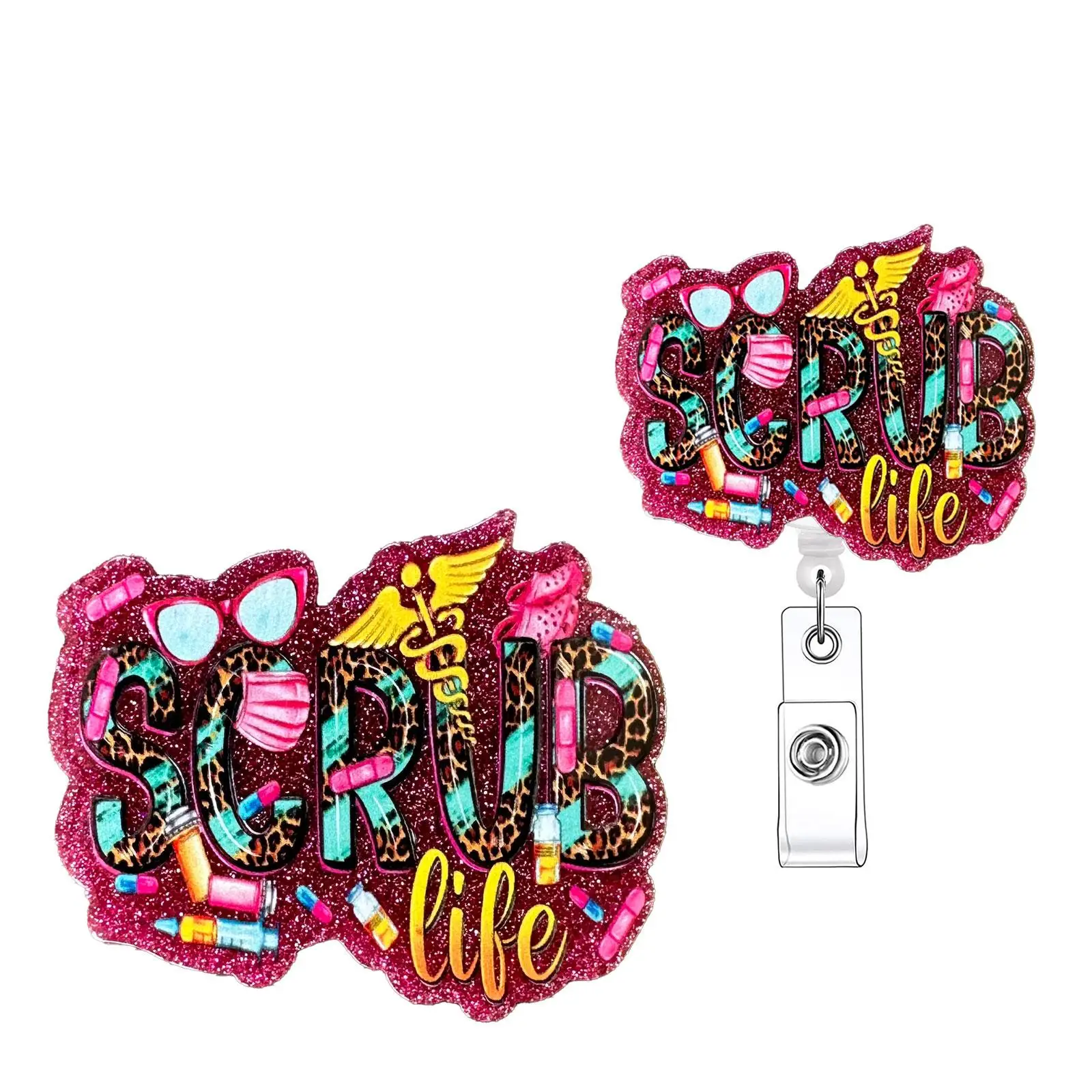 Glittery Scrub Design Badge Holder with ID Clip, 1 Count Scrub Life Retractable Badge Reel, Acrylic Name Badge Holder for Office Worker Nurse Doctor