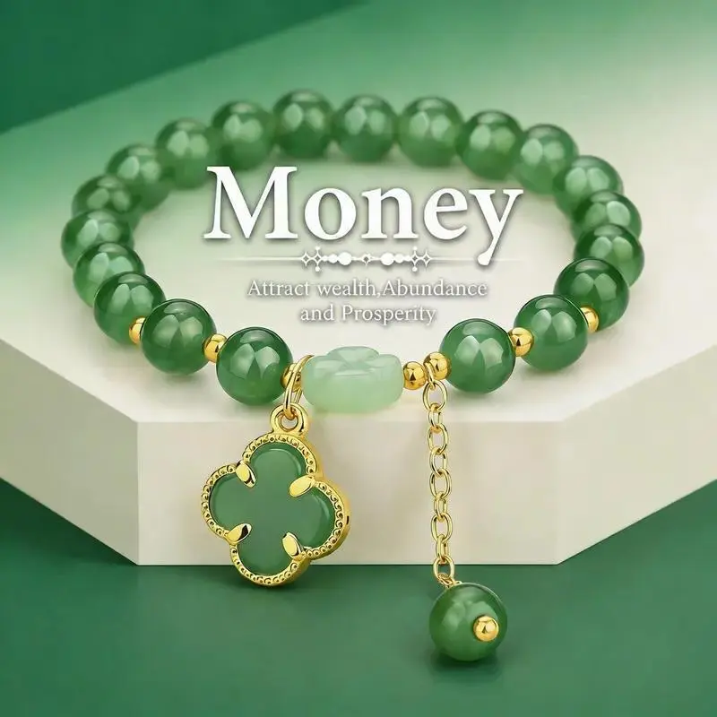 Money Magnet! Lucky Four-Leaf Clover Green Aventurine Bracelet - Manifest Wealth & Prosperity Crystal Charm
