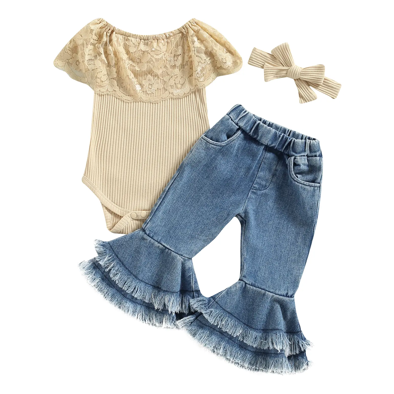 Newborn Baby Girl Clothes Infant Rib Frill Long Sleeve Romper Flared Pants Headband Set 3pcs Fall Winter Outfits