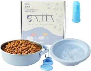 SAJJA 3-in-1 Travel Dog Bowl Set – 30 OZ Stainless Steel & 20 OZ Collapsible Water Bowl Lid | BPA-Free, Anti-Slip, Portable with Handle & Carabiner | Blue Bowls for Dog Feeding & Hydration