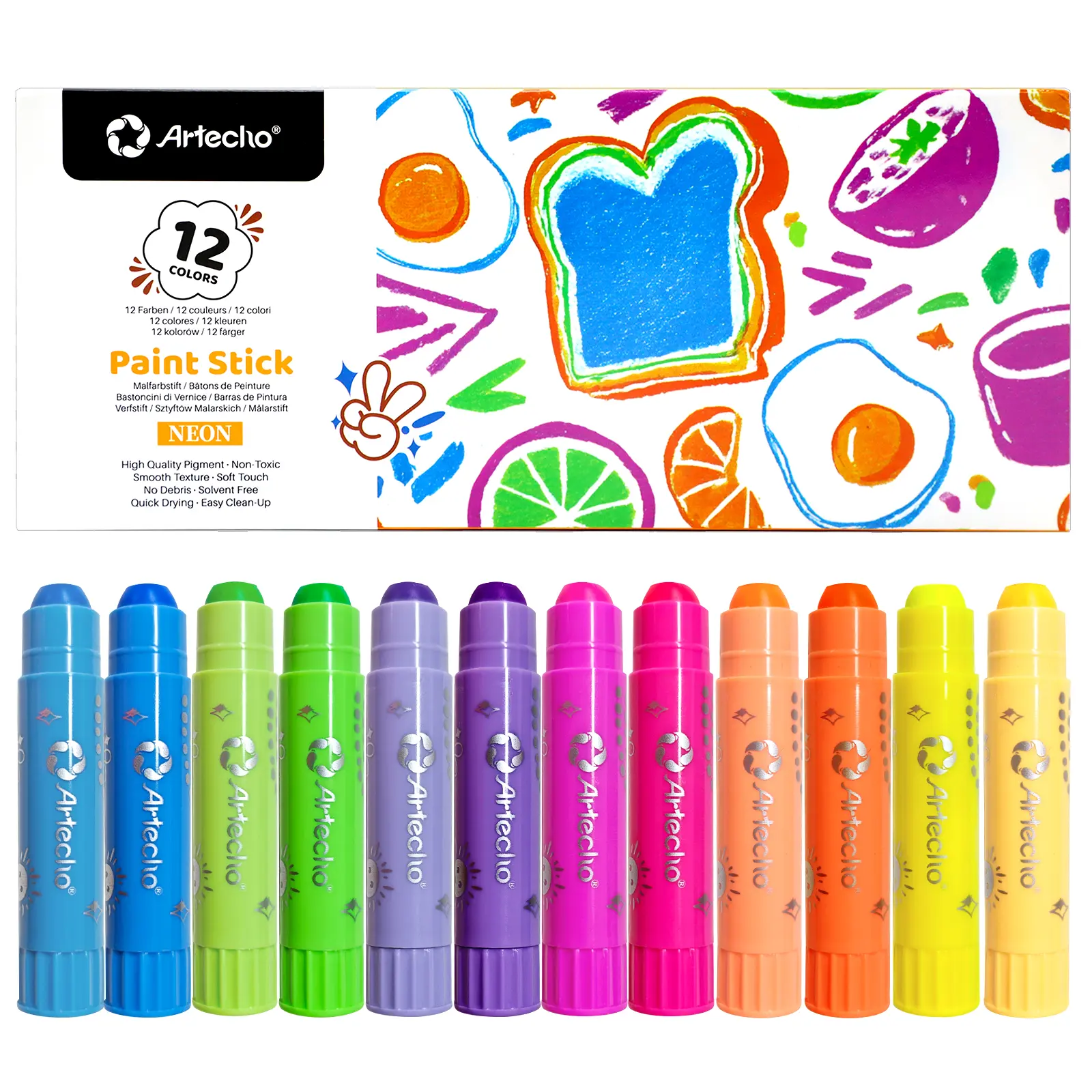 Artecho Premium Paint Pens - 36 Classic Non-Toxic Washable Tempera Paint Sticks (0.21oz/6g Each), Vibrant Hues, Neon Metallic Options, Easy Application, Quick Drying, Portable Mess-Free Indoor Office Art Supplies for Drawing Paper Craft Projects