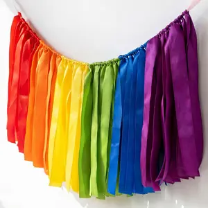 Colorful Ribbon Garland Rainbow Tassel Garland - 72 count Colorful Fringe Banner Fabric Ribbon Backdrop,  Rainbow Party Decorations for Birthday  Shower Classroom Pride Decor 40 ''L X 14 ''W