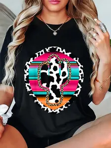 100% Cotton Western Cow Cactus Leopard Cheetha Serape Turquoise pink T-Shirt