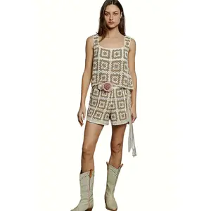 POL Elastic Waistband Crochet Shorts with Granny Square Weave