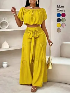 Summer Beach Vacation Bow Shoulderless Round Neck Shirt Wide Leg Pants Set, Casual Loose-Fitting, Women's Fashion Summer Beach Vacation Bow Shoulderless Round Neck Shirt Wide Leg Pants Set, Casual Loose-Fitting, Women's Fashion