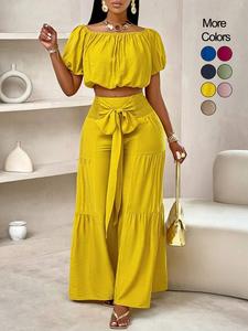 women's solid color shortsleeve top & wide leg pants set, casual off shoulder top & palazzo pants for summer, ladies clothes for beach holiday vacation, womenswear, casual outfits women