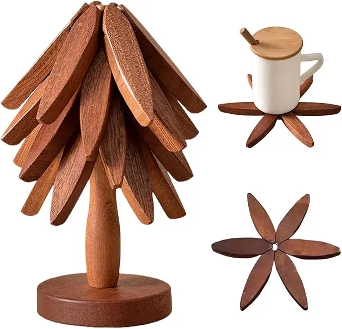 Wooden Trivets for Hot Dishes, Walnut Tree Shape Table Insulation Mat Set for Hot Pots & Pans, Collapsible Christmas Tree Coasters Set of 3 Layers+1 Stand