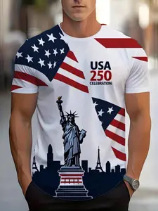 Independence Day Theme Memorial Round Neck T-Shirt, American Flag Liberty Statue Print, Casual Slim-Fitting Short Top, Graphic Tee for Men, Menswear, Streetwear
