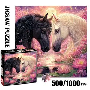 1pc 1000 piece adult puzzle 58x58cm Two Horses Nosing Each Other in a Lotus - Filled Pond with Moon and Birds500 pieces of paper puzzle, suitable for adults and families, large-scale DIY puzzle