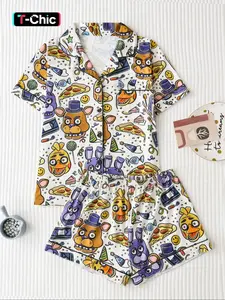 Women's Fitted Sleepwear Set, All-Season Comfortable Short Sleeve Top & Elastic Shorts, Casual Home Wear, Stylish Ladies' Pajamas, Homewear