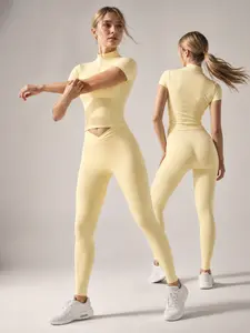 Airila Cross Waist Scrunch Butt Lifting Yoga Set | Half Zip Short Sleeve Crop Top + High Waist Tummy Control Leggings, 4-Way Stretch Buttery Soft Workout Outfit for Gym Yoga Running Athleisure