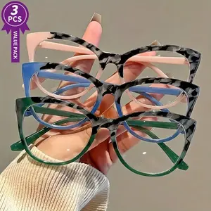 3PCS Women's Fashion Retro Square Cat Eye Trendy Leopard Print Color Block HD Reading Glasses Trending Eyeglasses - Elegant Artsy PC Material,  1.0 to 4.0 Diopter, Lightweight and Durable, Suitable for Daily Computer Office Reading Square Frame Eyeglasses