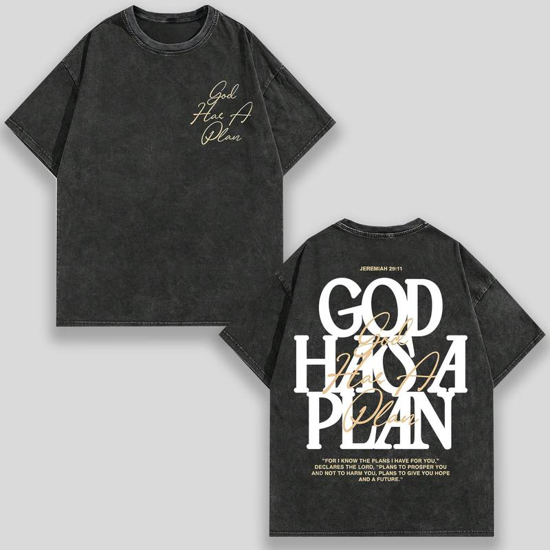 Retro Washed T-Shirt Double Sided Printed  'GOD HAS A PLAN'  Letter Print, Comfortable, Fashionable Street Style y2k,Vintage,Streetwear 230g Gradient Tee，