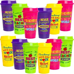 Fancy Land Teacher Graduation Gifts Appreciation Cups Reusable Plastic Cups Coffee with Lids Thank You Teacher Set for End of Year Back to School Party Decorations 16 Pack 16 Ounces