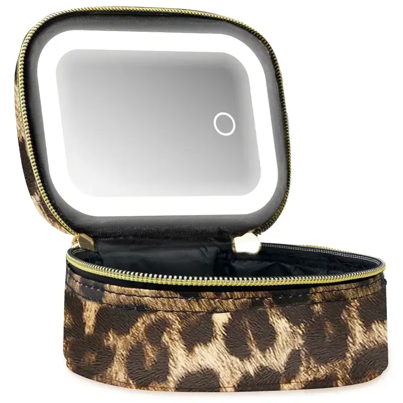 Mini LED Makeup Case with Mirror for Women, Portable Travel Vanity Organizer, Leopard Cosmetic Storage Box with Adjustable Lights, Bathroom Countertop Organizer & Home Storage Solution