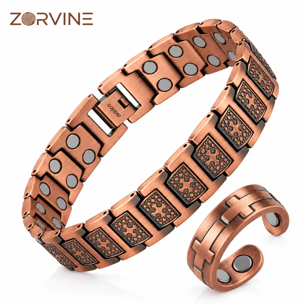 ZORVINE 99.9% Pure Antique Copper Magnetic Cross Bracelet - 3500 Gauss Energy Magnet, Non-Tarnish/Tarnish-Proof Jewelry, Geometric Links, Bracelets Accessories for Women & Men