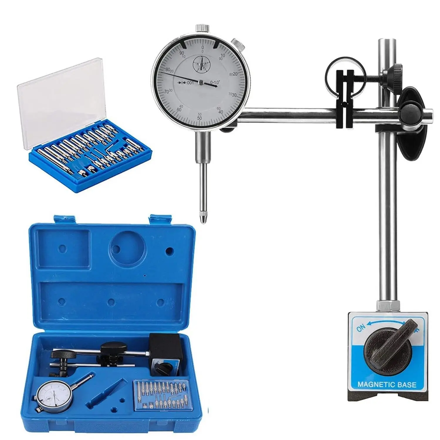 Dial Indicator with Magnetic Base, 0-1.0"×0.001" Precision Dial Test Indicator Set, Adjustable Long Arm Magnetic Dial Indicator Base Holder for Workshop, Lab & Mold Making