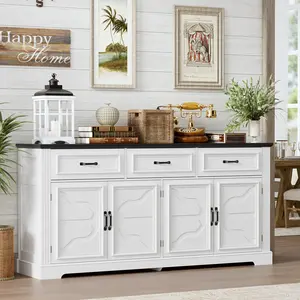 PAKASEPT White 60" Large Buffet Sideboard Cabinet with Shelves, Buffet Storage Cabinet with 4 Doors & 3 Drawers, Coffee & Wine Bar Buffet Table for Kitchen, Dining Room & Living Room airing  cupboard
