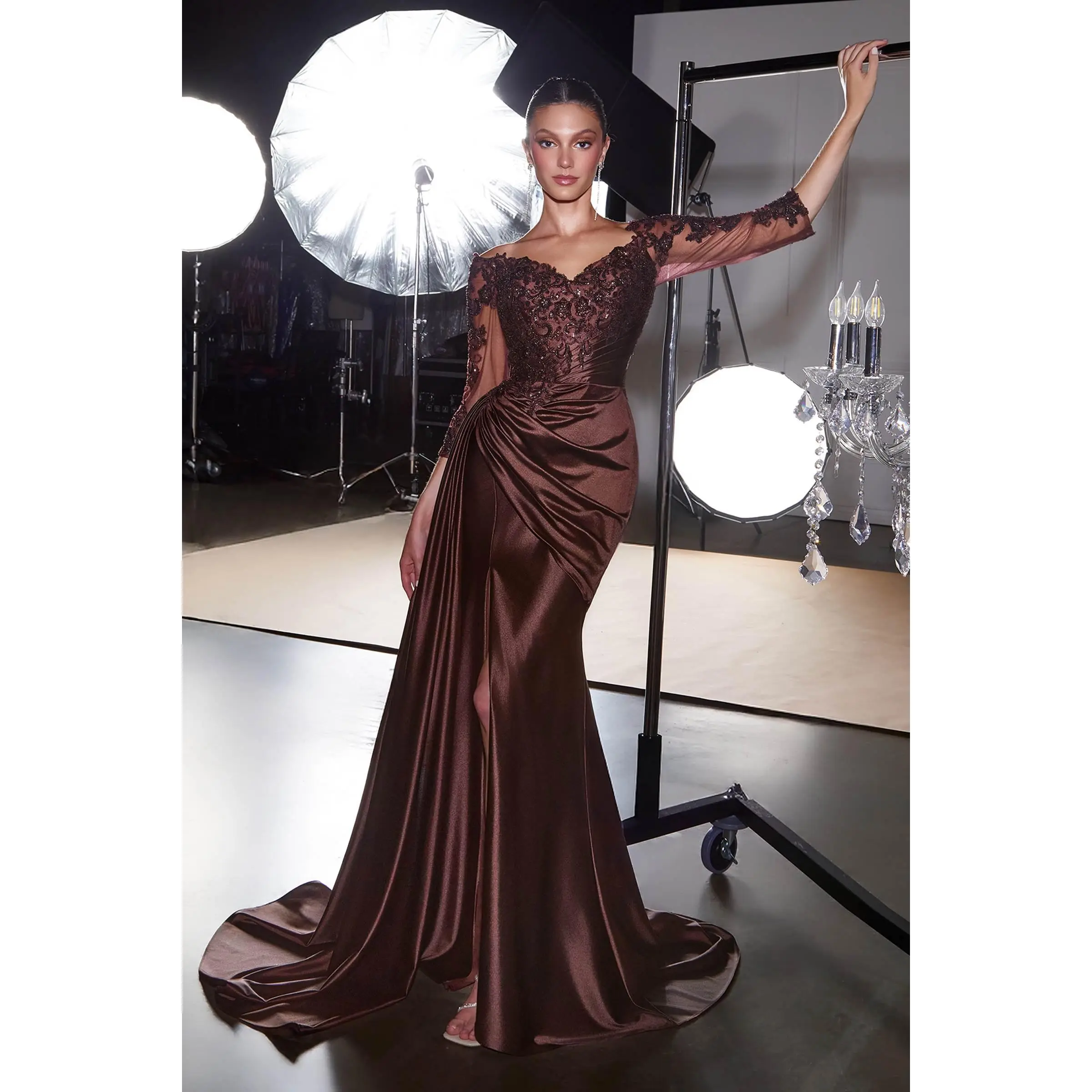 Ladivine CDS549 Off-Shoulder Lace Formal Gown with Sheer 3/4 Sleeves for Mother of the Bride, Anniversary Dinner Outfit