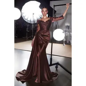 Ladivine CDS549 Women's Elegant Formal Long Gown - Off-Shoulder Fitted Sleeves, Lace Skirt, Soft Fabric, Formal Wear for Mother of the Bride, Mocha Navy Gold Evening Dresses with Elegance Vibe