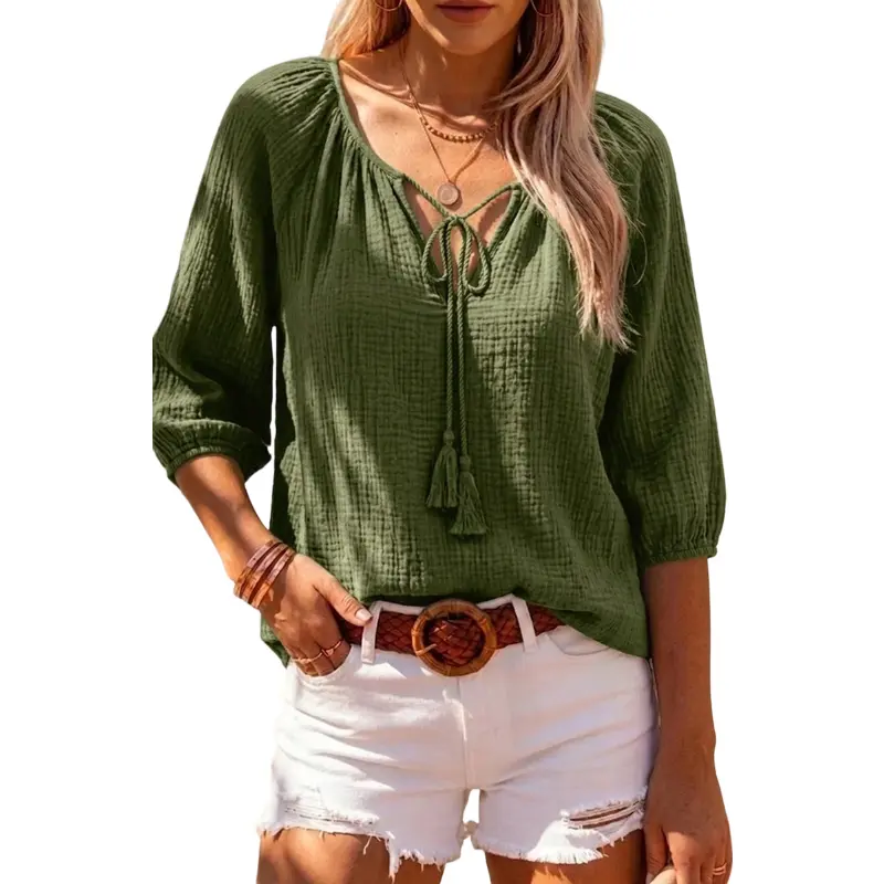 Flamingals Drawstring Tassel Decor V Neck Lantern Sleeve Blouse