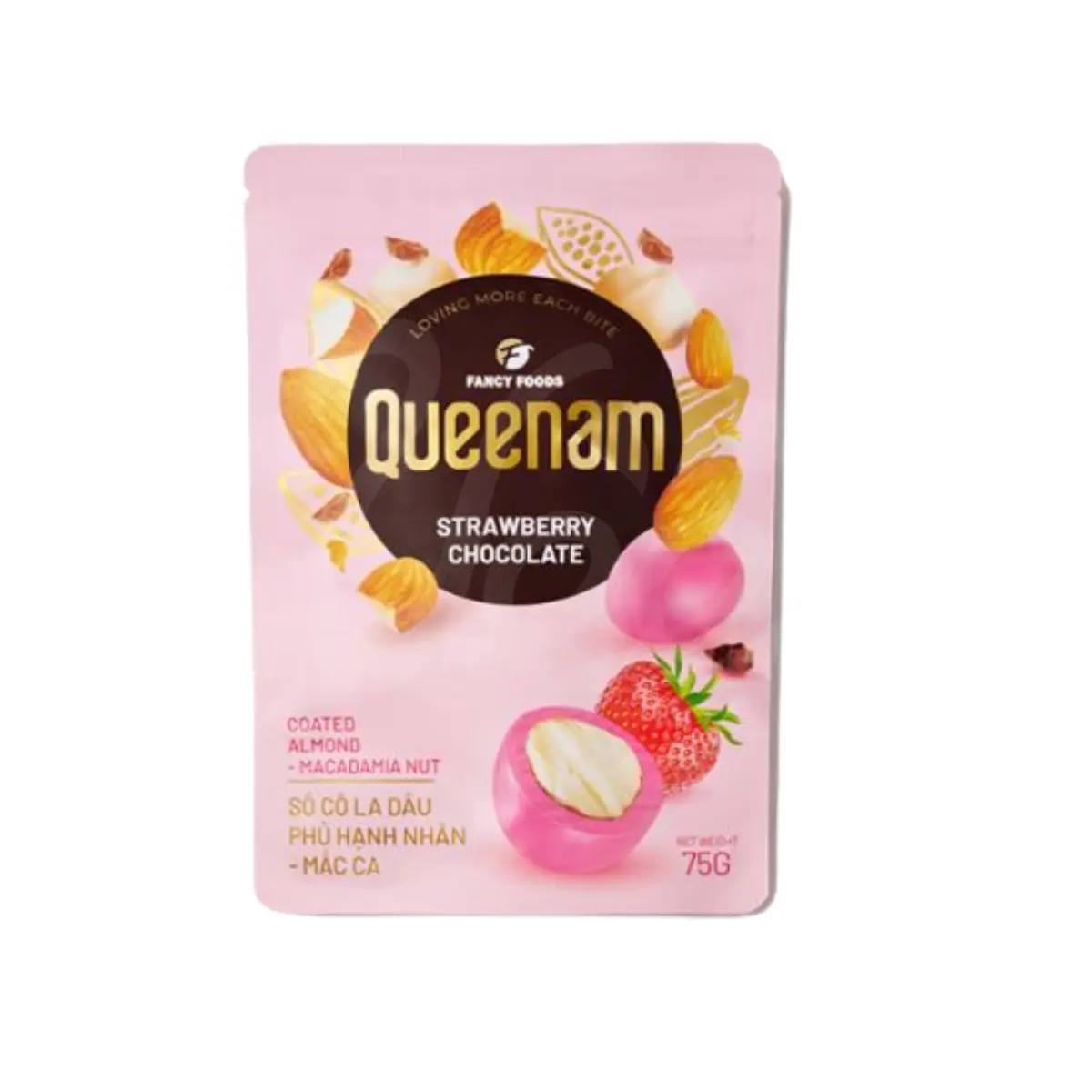 Queenam Chocolate-Flavored Creamy Almond & Macadamia Snack, Strawberry Chocolate-Coated Dessert, 75g, Chocolate Flavor