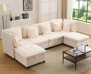 Oversized U Shaped Modern Sofa Couch, 133" Modular Sectional Cloud Couch with Storage, 6-Seat Chenille Deep Seat Sofa with 6 Pillows for Living Room, Bedroom and Apartment, Beige | Modern couch