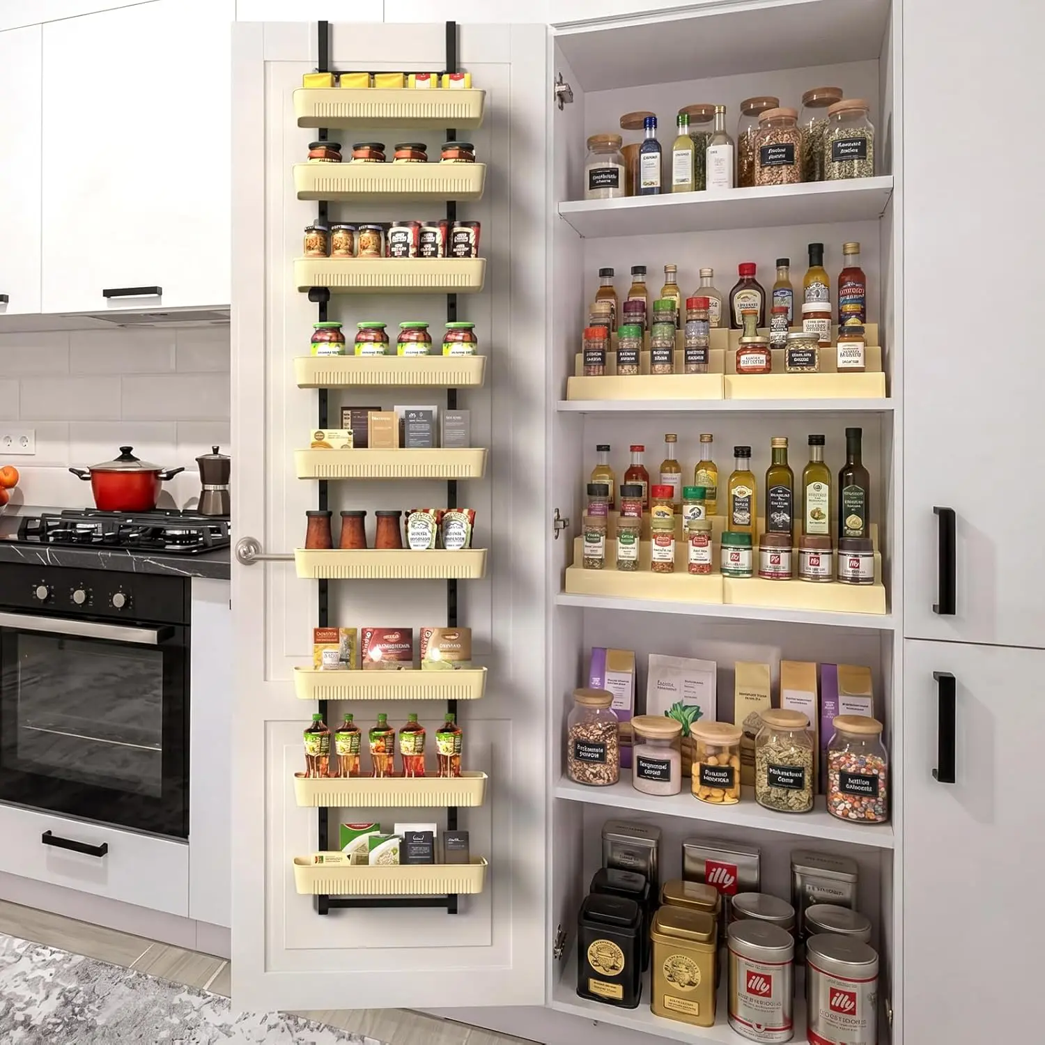 White 9-Tier Over-the-Door Pantry Organizer with Adjustable Baskets, Metal Hanging Spice Rack, Multipurpose Storage for Kitchen, Pantry, Bathroom