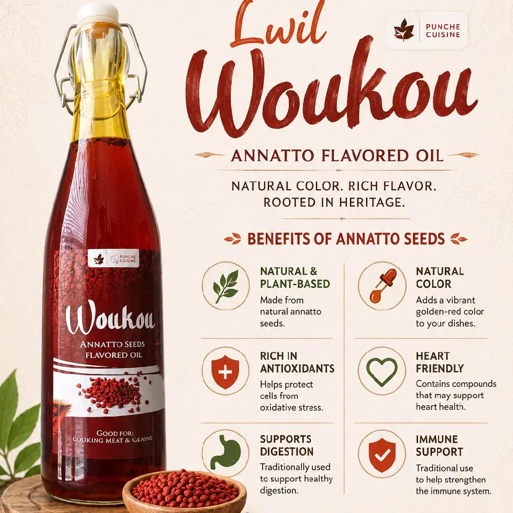 Lwil woukou ak Woukou (Annatto flavored oil& seeds) 2 items