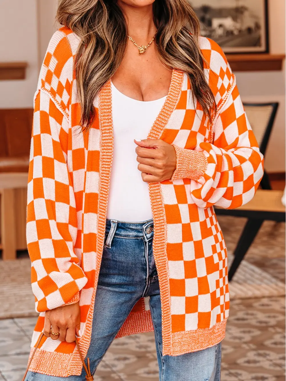 Women's Checkered Plaid Cardigan Casual Relaxed Fit Open Front Long Sleeve Sweater For Everyday Wear Comfortable Cotton Blend