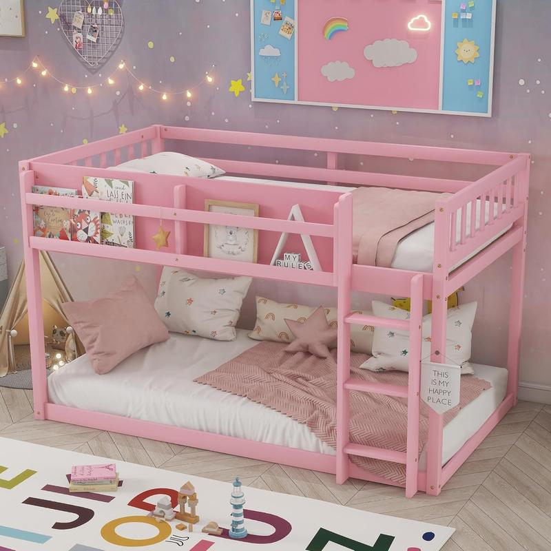 Twin Low Bunk Beds Frame, Wooden Bunk Bed Frame Twin Over Twin, Convertible Floor Bunk Bed with Storage Shelf & Ladder, No Box Spring Needed (Pink)