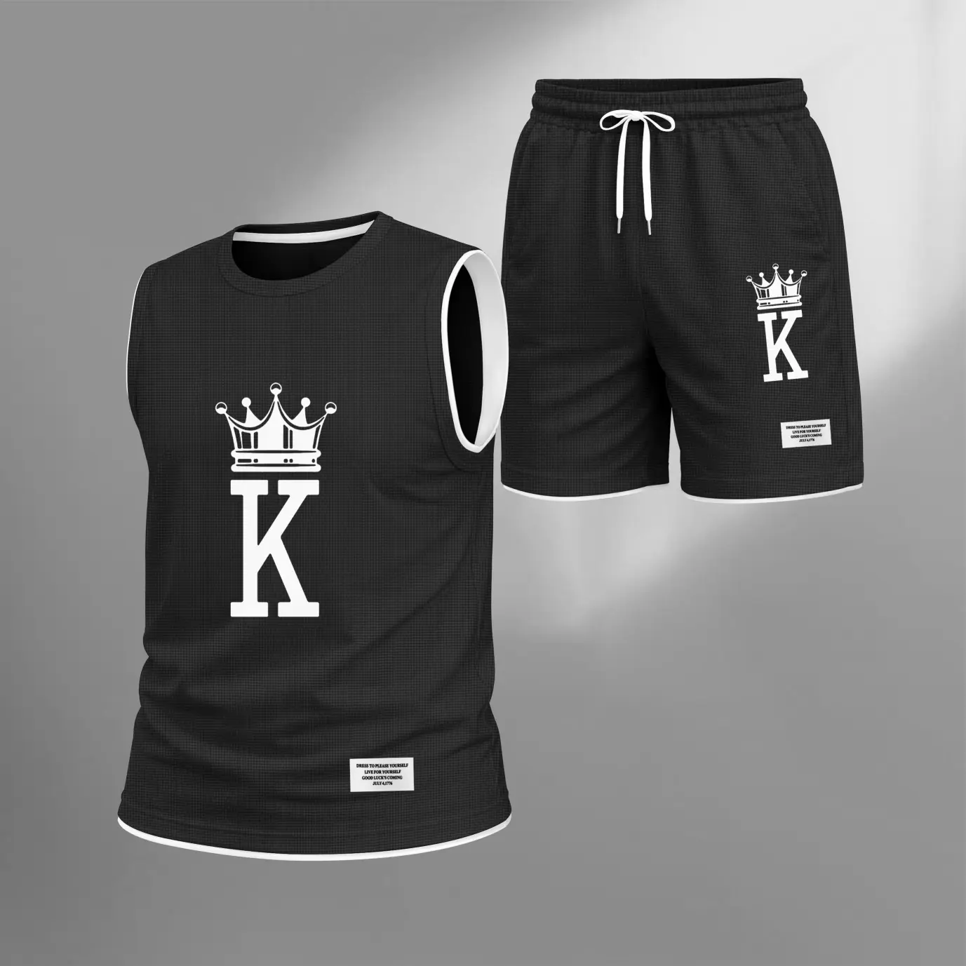 Menswear Minimalist Graphic 2-Piece Garment Set, Men's Loose Fit Polyester Sleeveless Top and Shorts with Pockets, Crew Neck, Tank, Drawstring Waist, Two-Pieces